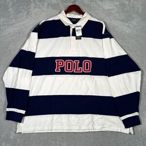 Polo Ralph Lauren Rugby Shirt Mens 3XB 3XL Big Blue White Stripe Spell Out